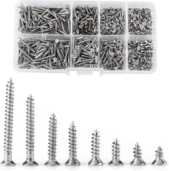 Set di viti autoalimentanti in acciaio inossidabile M2 - testa piatta - viti a croce - viti per muratura asciutta con scatola di conservazione.