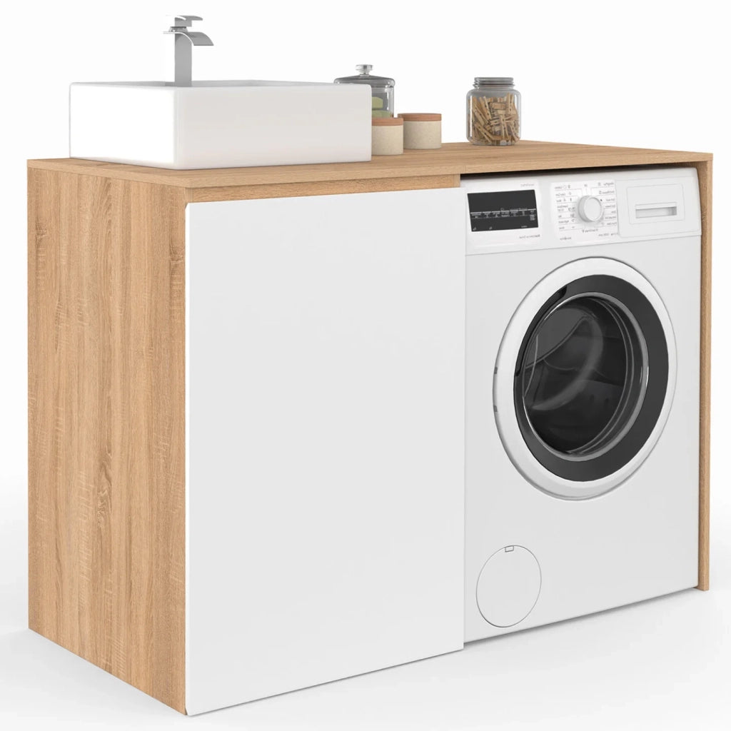 IDMarket - Mobile per lavatrice o asciugatrice con armadio TOMI, mobile per lavabo in legno effetto faggio e bianco