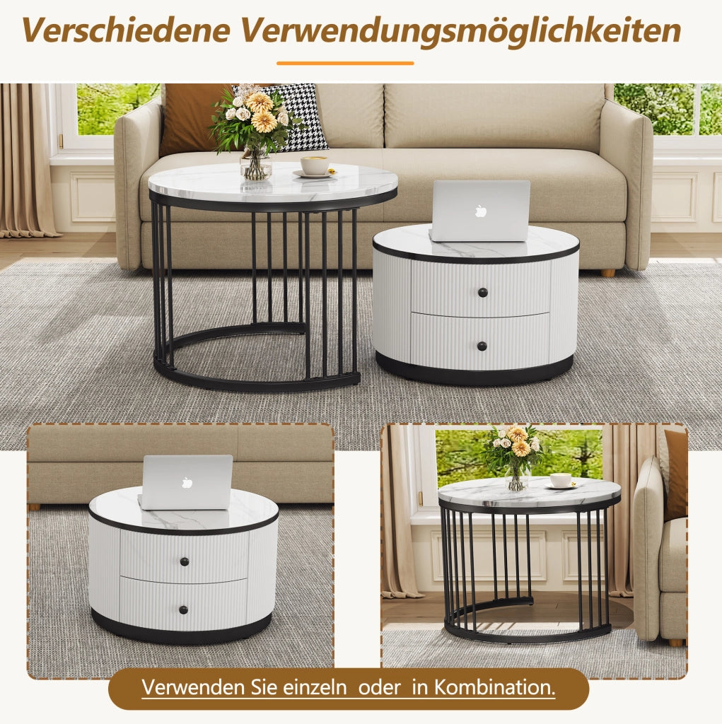 Set di 2 tavolini da caffè rotondi con finitura effetto marmo lucido; bianco e nero; MDF
