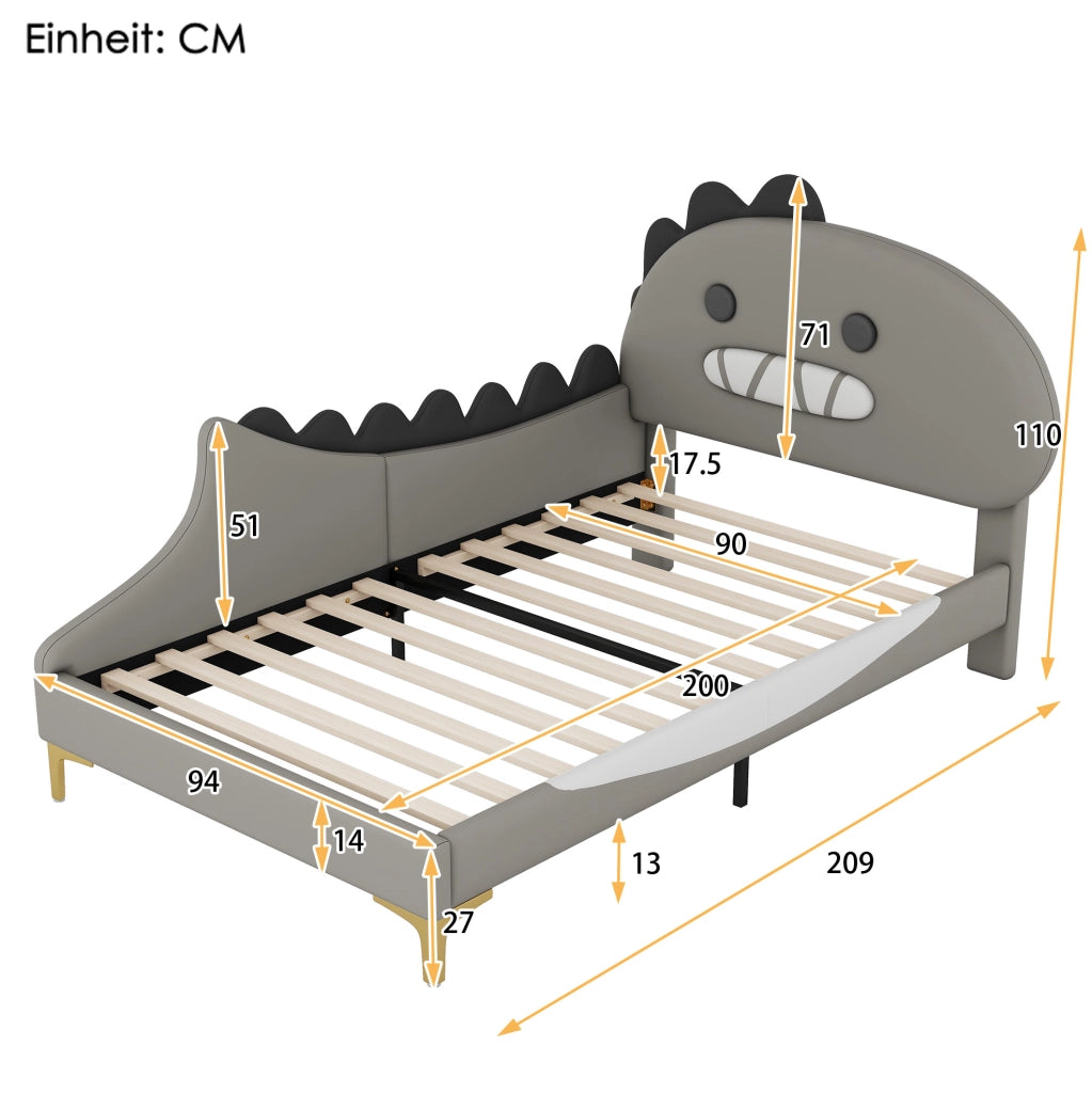Letto per bambini 90x200 cm; forma dinosauro; PU e MDF; grigio
