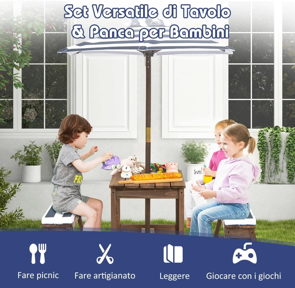 Tavolo da Picnic per Bambini con Parasole Pieghevole, Set di Tavolo e Panca in Legno con Cuscini, per Giardino, Cortile, Patio (Blu)