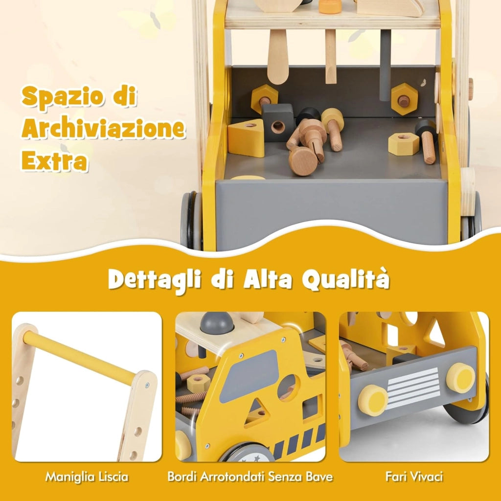 2-in-1 Primi Passi per Bambini con Altezza Regolabile, Girello in Legno con Banco da Lavoro, Carrello da Spinta con Giocattoli Montessori, Velocità Regolabile, Spazio di Archiviazione