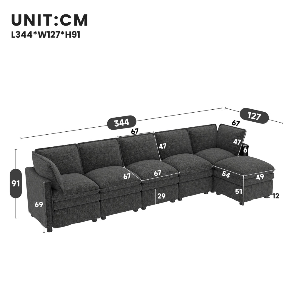 Divano modulare 6 posti in ciniglia grigio con pouf, 344 cm