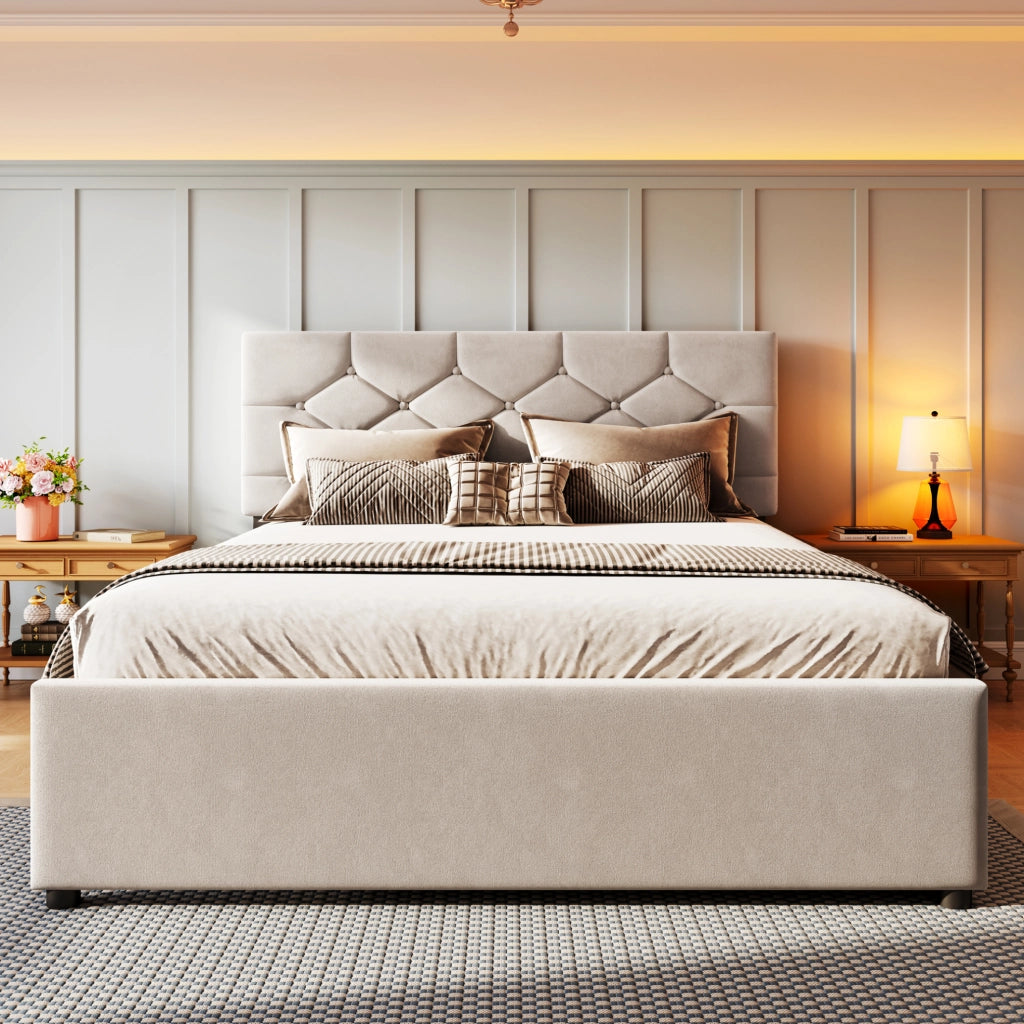 Letto imbottito 140x200 cm con letto estraibile in velluto beige