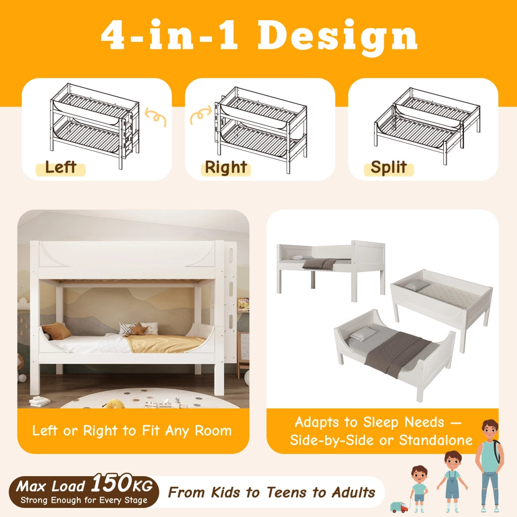 OKWISH Letto a Castello 90×200 cm, Letto 2 Posti con Scala Reversibile, Separabile in 2 Letti Singoli, senza Materasso, Bianco