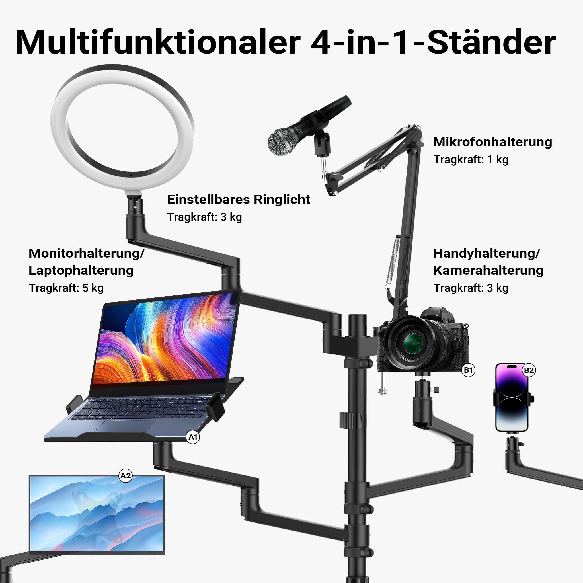 Supporto da terra 4in1 con 1 asta per microfono + 3 bracci articolati per accessori, con morsetto e ring light a 3 modalità, treppiede con rotelle per fotocamera per dirette e live