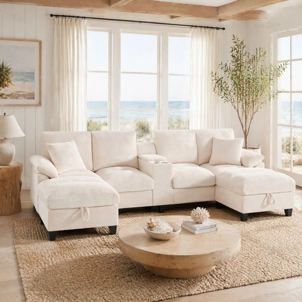 DIVANO angolare a U 293x142x93 cm in tessuto a coste beige con USB e portabicchiere