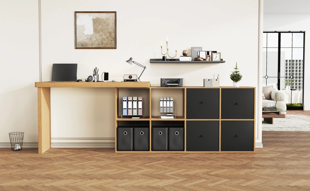 Scrivania angolare girevole 360° con sideboard, MDF, 8 vani, 4 cassetti, nero e rovere