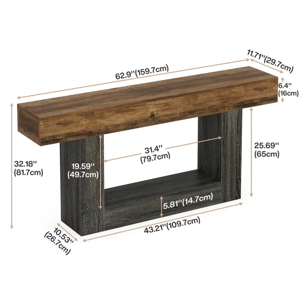 Tavolo consolle da 160 cm in MDF con ripiano inferiore; grigio e marrone rustico