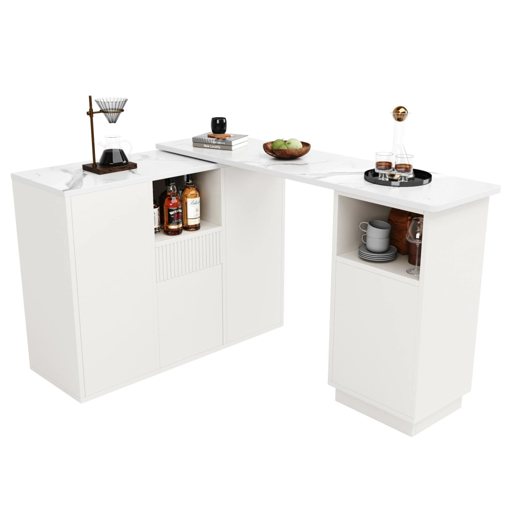 Bancone bar girevole 210x30x100.9 cm con design rotante e piano effetto marmo in MDF bianco