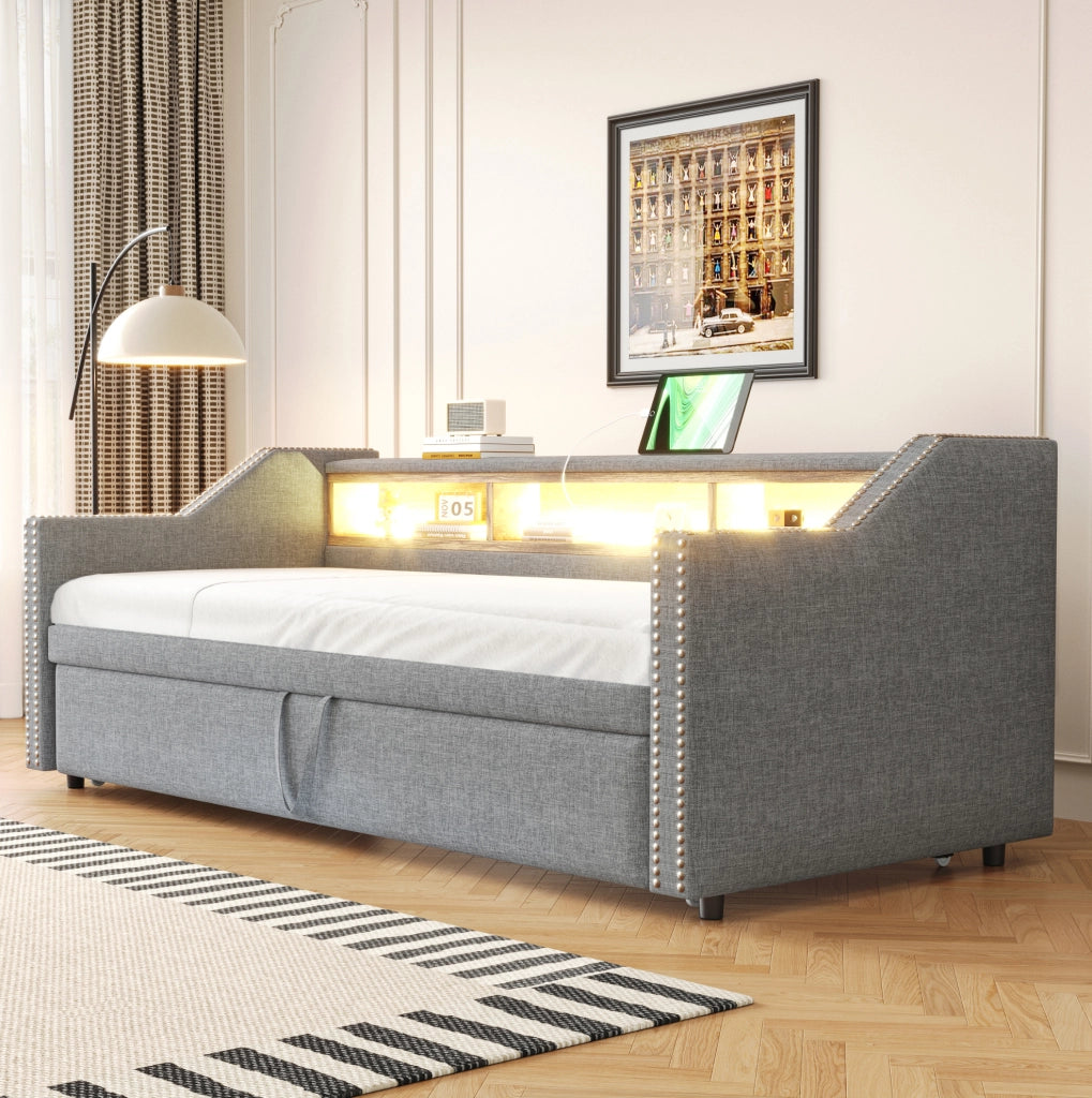 Divano letto estraibile 90/180x190 cm con LED, USB e 2 materassi