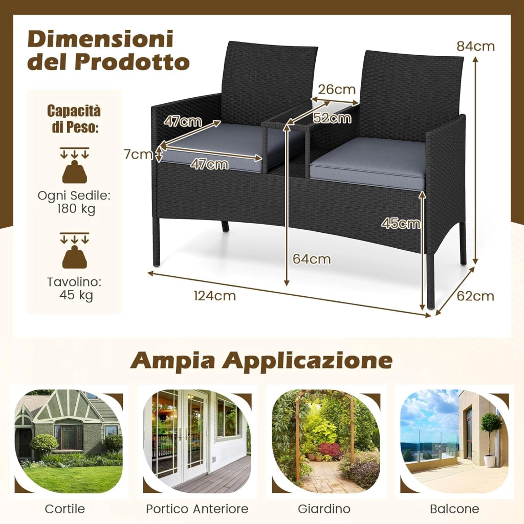 Panchina da Giardino in Rattan PE 62 x 124 x 84 cm, Divano da Esterno con Tavolino in Vetro Temperato e Cuscini Imbottiti, Poltrona con 2 Posti per Balcone, Piscina e Cortile (Grigio)