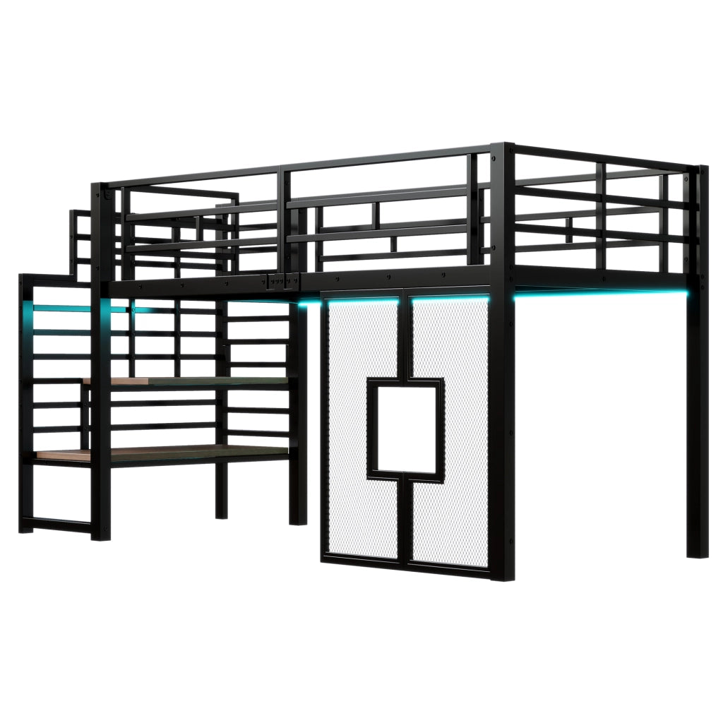 Letto a soppalco singolo in metallo con scala; contenimento; LED; finestra; nero 90x200 cm