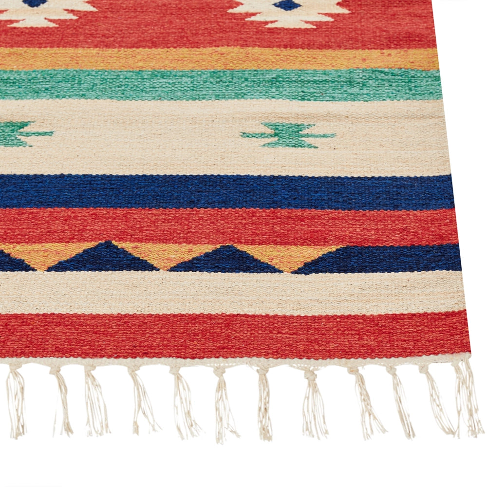 Tappeto Kilim in cotone multicolore 140 x 200 cm Tappeto da pavimento tessuto a mano Tappeto da parete a motivo geometrico reversibile Frange