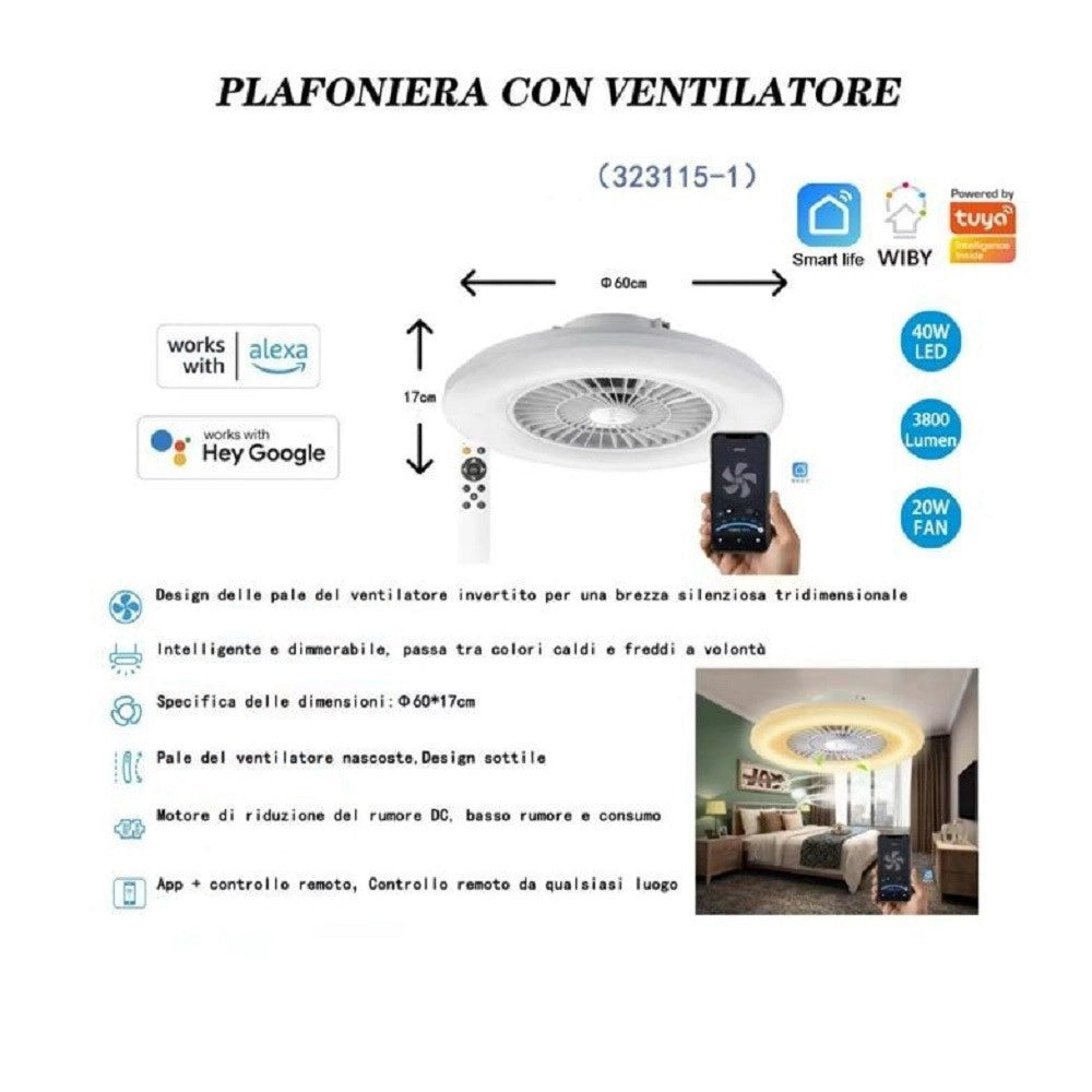 Trade Shop - Plafoniera Con Ventilatore Dimmerabile 40w Silensioso App Telecomando 323115-1 -