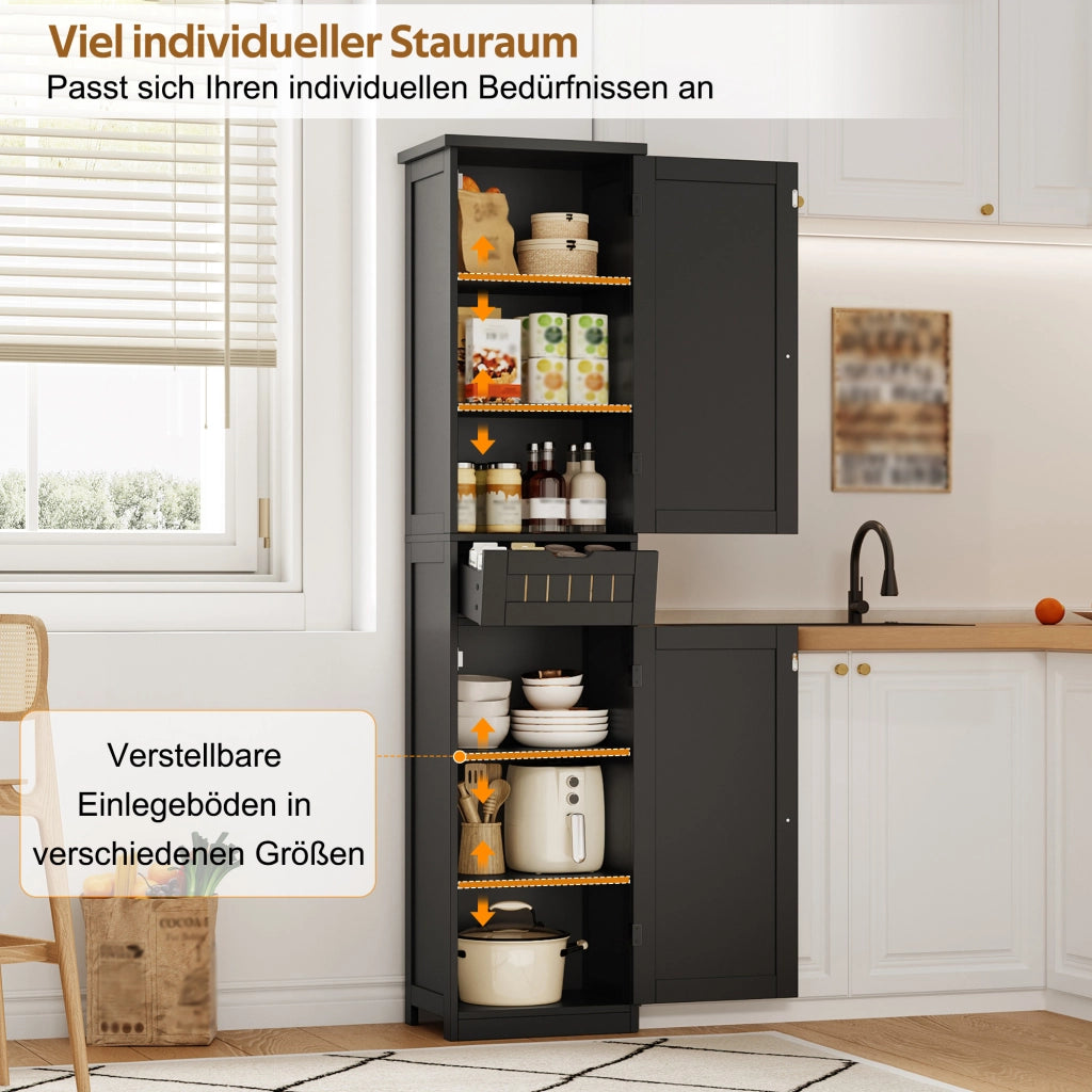 Dispensa alta con 4 ripiani regolabili e 2 ante, stile retrò, per cucina e soggiorno, in MDF, nero, 40 × 30 × 170 cm