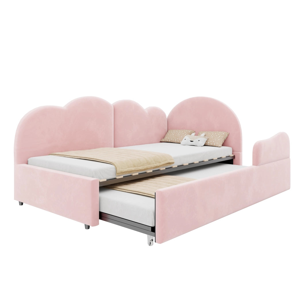 Letto imbottito L con letto estraibile e testiera a forma di nuvola in velluto rosa per camera da letto