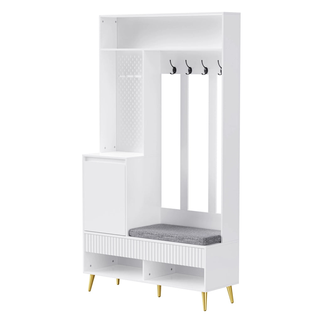 OKWISH Mobile da Ingresso con 1 Anta, 2 Cassetti, Vani Aperti, 4 Ganci e Panchina, per Ingresso, MDF, Bianco, 100×35×180 cm