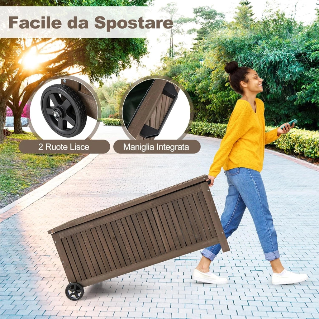 Baule da Giardino in Legno 213 L, Baule da Esterno con Ruote e Maniglie, Interna Resistente all'Acqua, Contenitore Salvaspazio da esterno armadio, 114 x 58,5 x 51 cm (Modello 4)