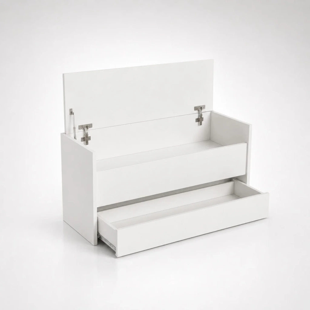 Cassapanca Contenitore Bianca con Cassetto Inferiore e Vano Interno | Panca Ingresso Salvaspazio con Chiusura Soft Close | Baule Multiuso 90x40x46 cm