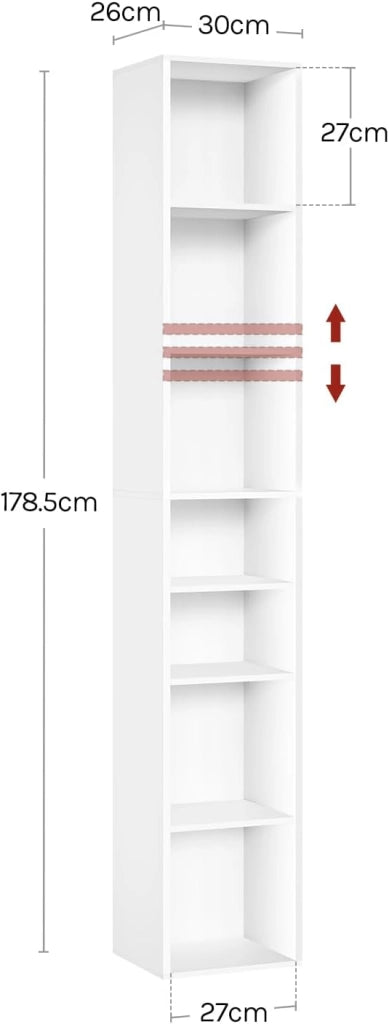 Libreria, Scaffale a 7 Livelli, 30x26x178,5 cm, Mobile Alto con Scomparti Aperti, per Ufficio/Salotto/Camera da Letto, Bianco, SK066ws