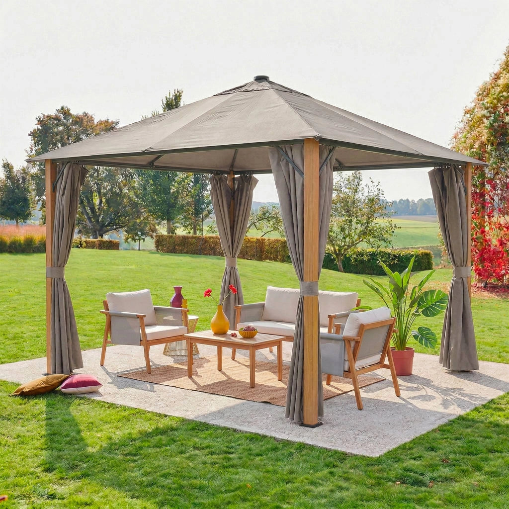 Gazebo da giardino 3x3m in alluminio effetto legno con tende e led,