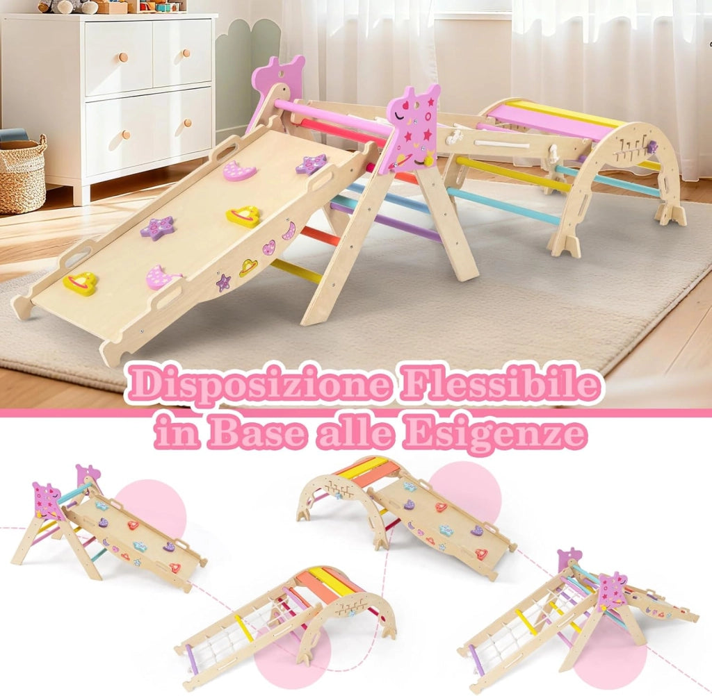 8 in 1 Set da Arrampicata per Bambini, Giocattoli da Arrampicata Pieghevoli con Triangolo Arco e Rampa, Giochi Montessori per Bambini 1 Anni + (Unicorno 4 pezzi, Macaron)