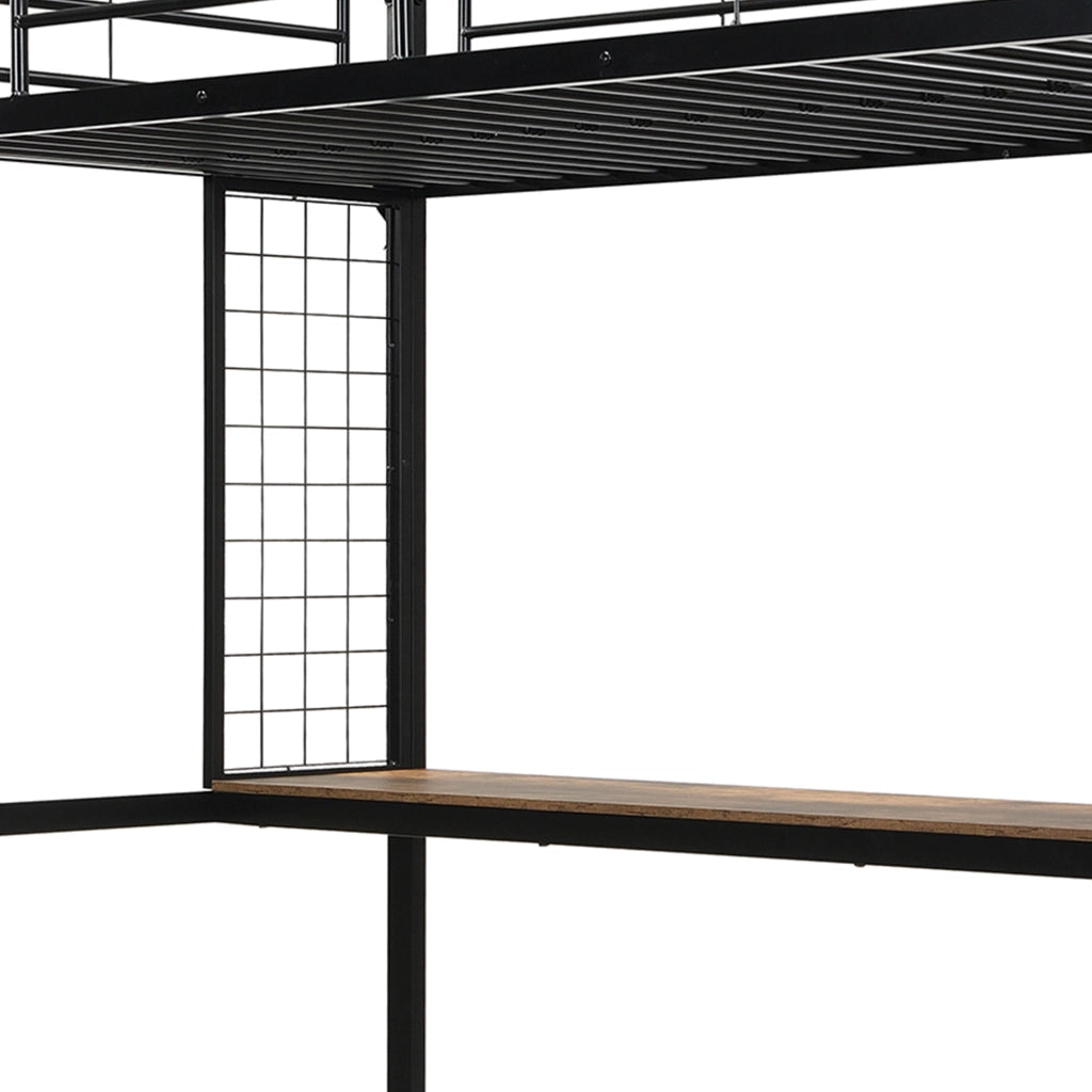 Letto a Soppalco Singolo con Scrivania; Scaffali e Griglia in Metallo 90 × 200 cm; senza Materasso