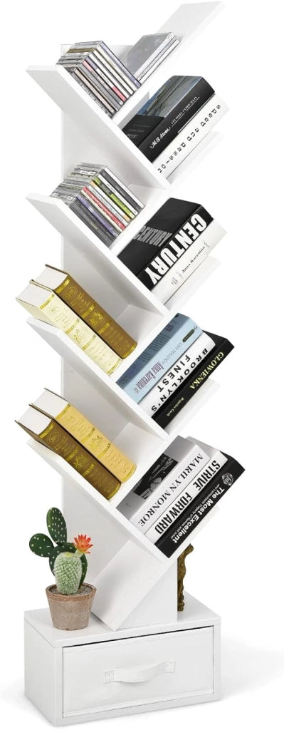 Libreria ad Albero, a 8 Ripiani, Scaffale per Libri con Cassetto Rimovibile, Design di Antiribaltamento, Organizzazione per CD, Riviste, Libri, 38x20x149,5 cm, 4 Colori (Marrone)