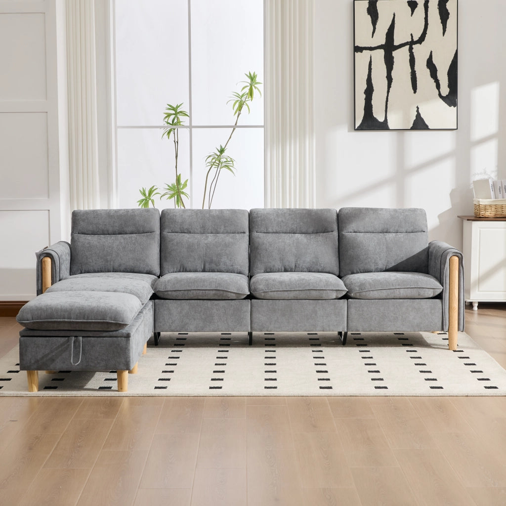 Divano a U modulare con 2 pouf contenitore e tasche laterali in chenille grigio chiaro per soggiorno 261 × 77 × 86 cm