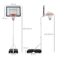 Canestro Basket per Adulti con Tabellone in PVC Regolabile 210-260cm Ruote Integrate Bianco