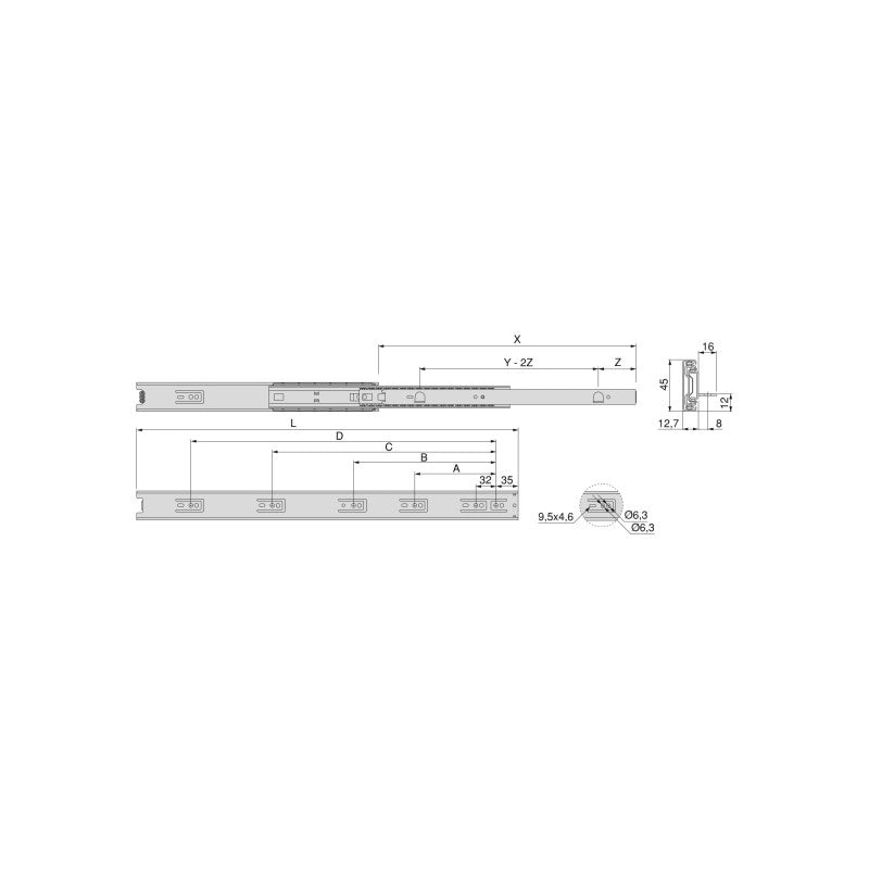 Set di guide a sfere per cassetti con estrazione totale e chiusura soft, altezza 45 mm, lunghezza 300 mm, Acciaio, Zin..