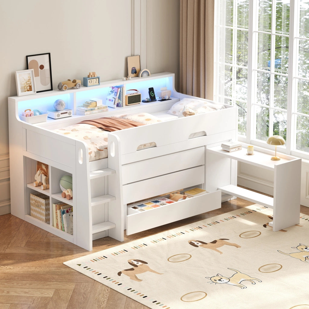 LETTO A SOPPALCO BASSO 90x200 cm bianco con scrivania mobile e 3 cassetti