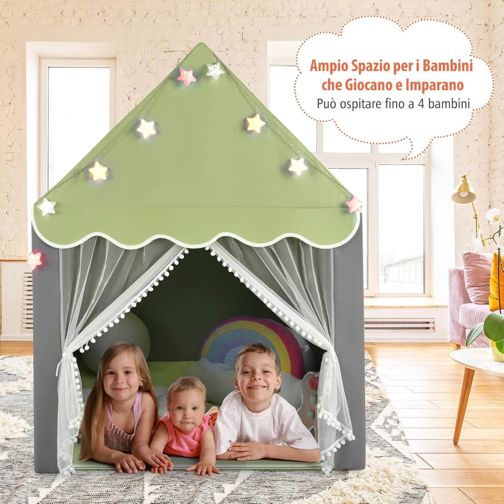 Tenda da Gioco per Bambini, Tenda Castello con Tappetino Lavabile, Luci a Forma di Stella, per Interno ed Esterno, 105 x 121 x 136 cm (Verde)