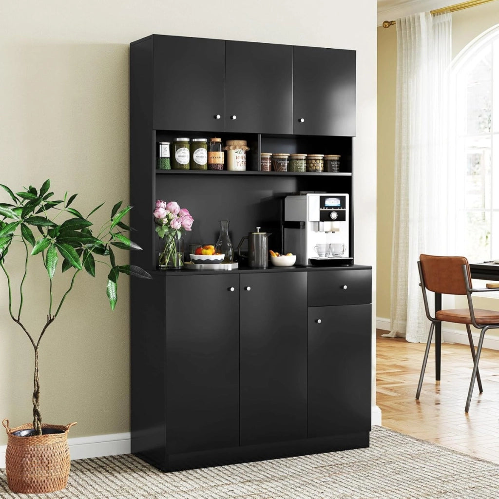 Armadio alto 181cm armadio da cucina con prese e porte usb-Credenza da Cucina-Ripiani regolabili in 3 posizioni Nero