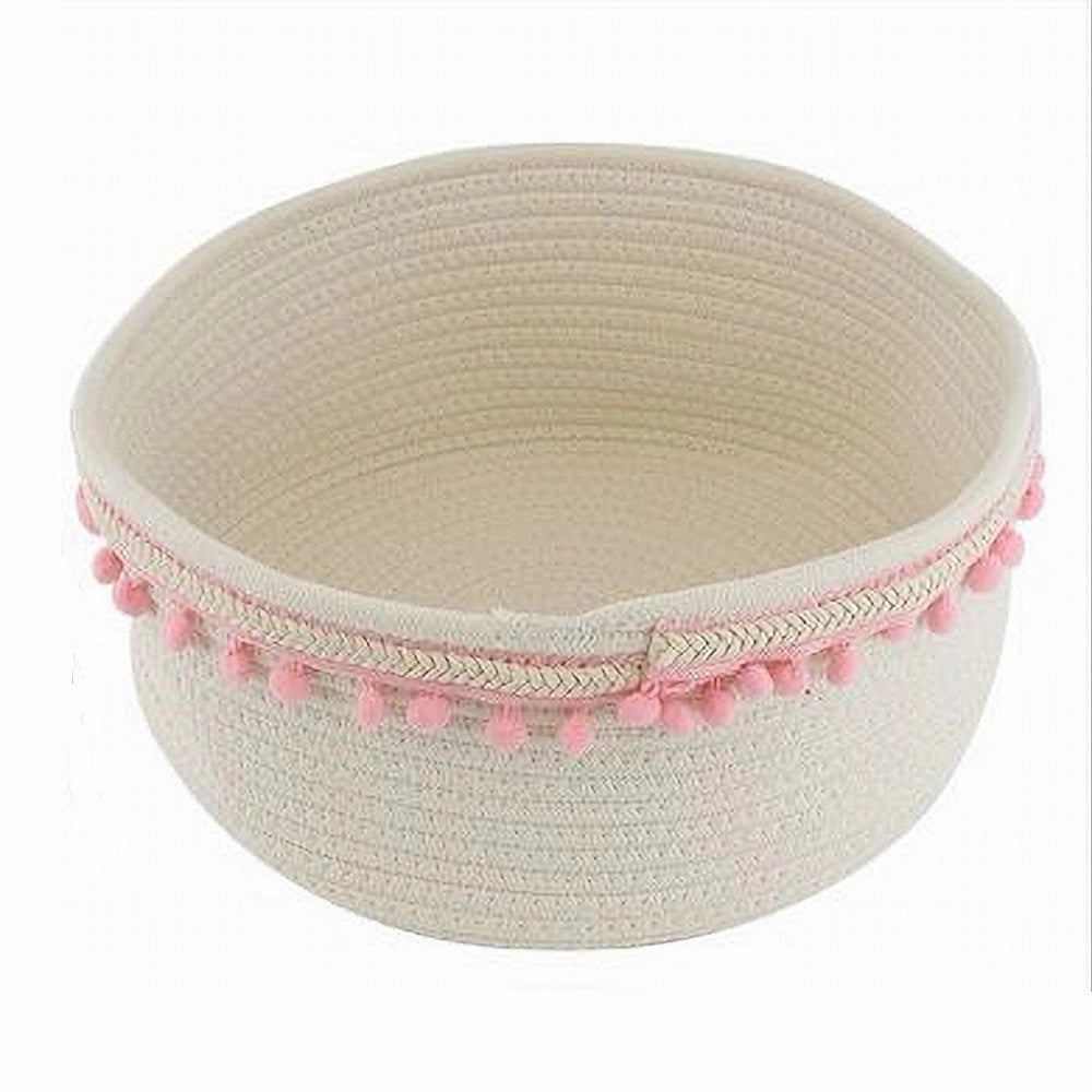 Trade Shop - Cesto Porta Oggetti Per Biancheria In Corda Pon Pon Rosa Cestino 30x14 Cm 10667 -
