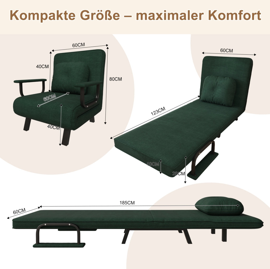 Poltrona letto reclinabile 185x60 cm a 5 posizioni in chenille verde
