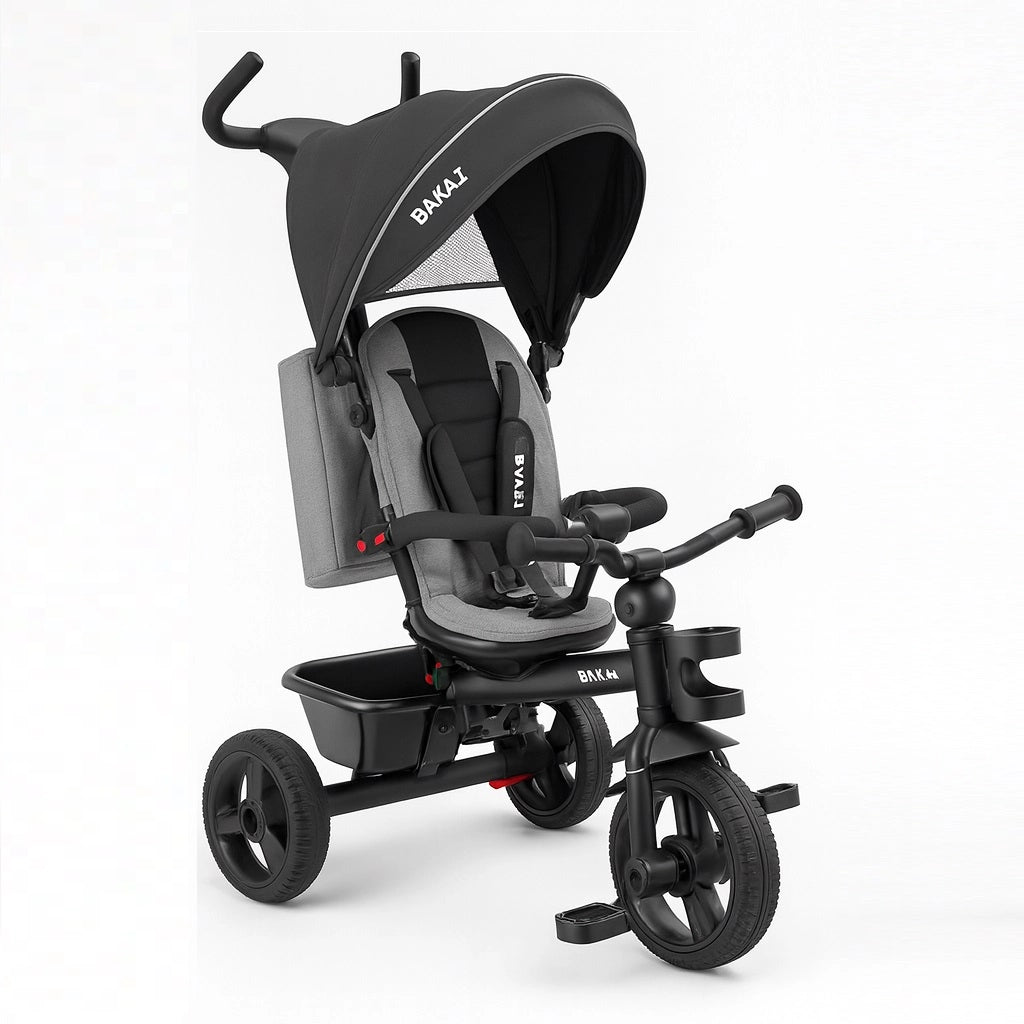 Triciclo Bambini 5in1 con Sedile Girevole 360°, Cappottina, Pedali e Maniglione Regolabile Nero