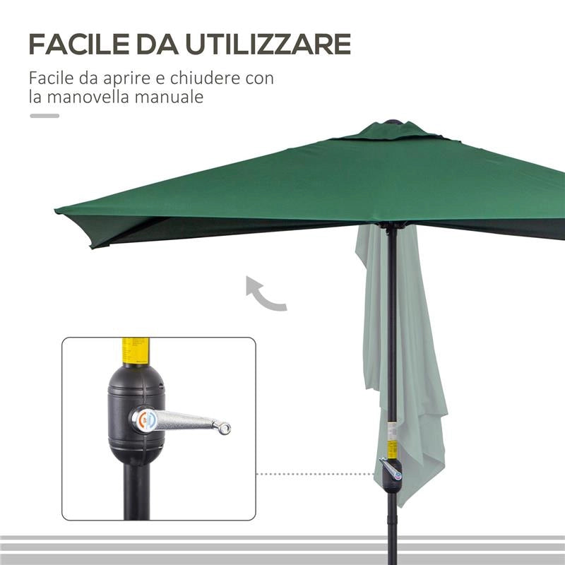 OMBRELLONE DA PARETE MEZZALUNA SALVASPAZIO CON APERTURA A MANOVELLA VERDE