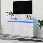 Credenza moderna bianca lucida con LED RGB, 2 ante e 3 cassetti, 140x35x72,5 cm