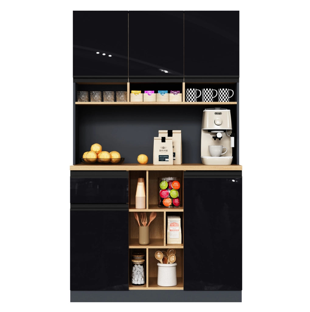 Credenza alta da cucina 105x45x185 cm in MDF antracite e nero lucido con ante e cassetto