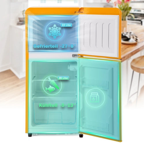 Frigorifero retrò; congelatore; doppia porta; volume totale 60L; vano congelatore 22L; luce LED; efficiente energetico; giallo antico