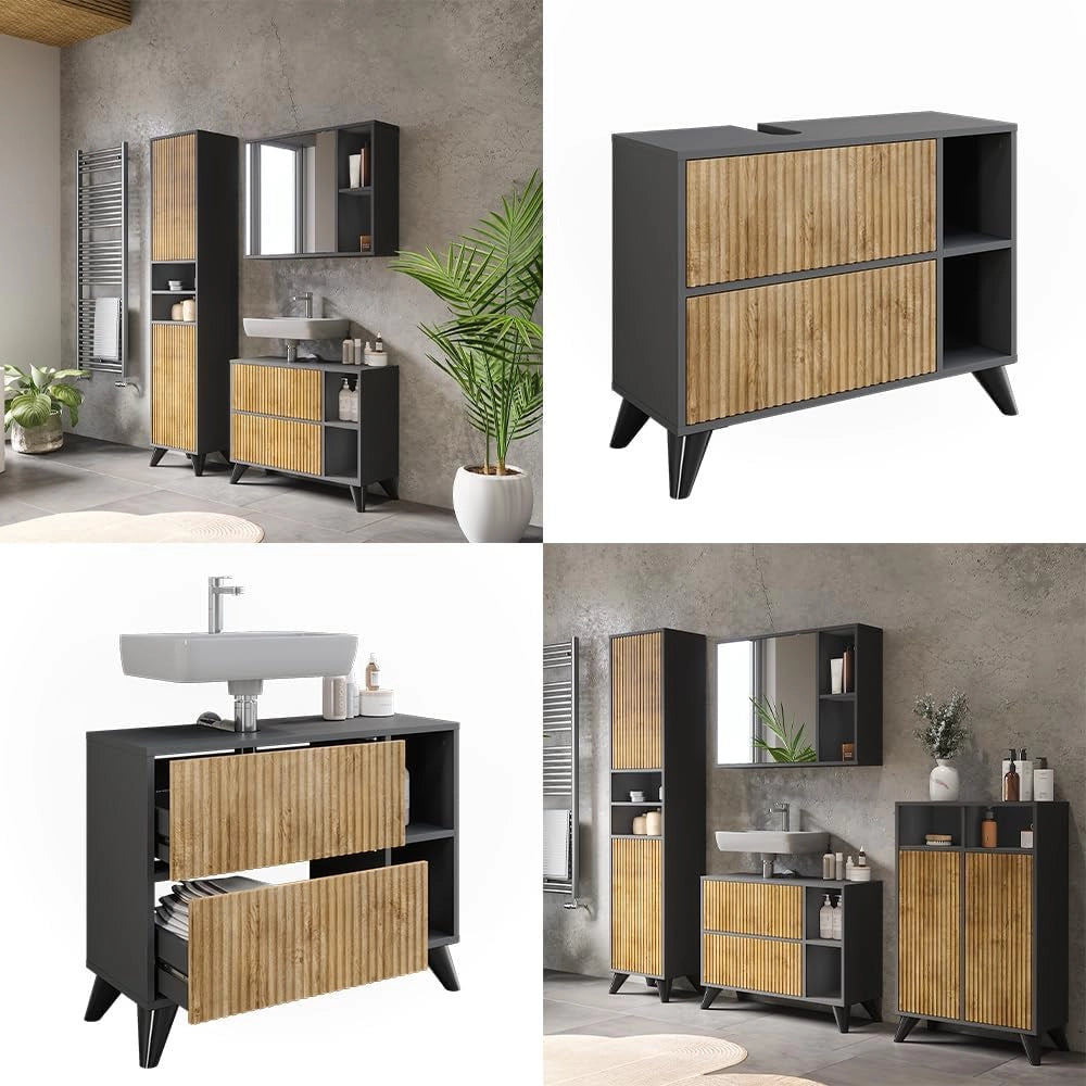 Mobiletto per lavabo Leano, Antracite/quercia di montagna, 80 x 62 cm con 2 cassetti, adatto per la conservazione di articoli da bagno e asciugamani