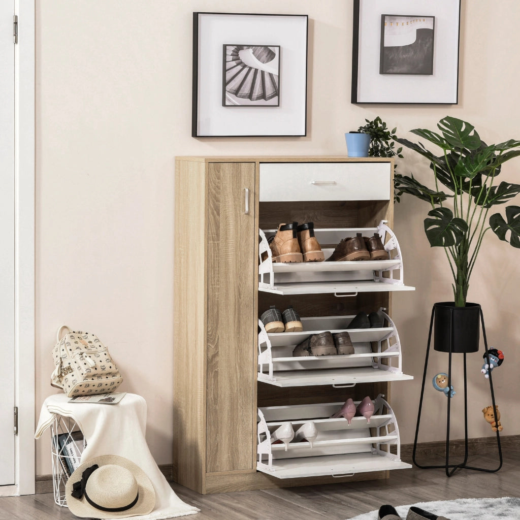 Scarpiera con Cassetto e Ante ¨C Xylo ¨C Legno Naturale 84x30x132 cm per 18-27 Paia di Scarpe