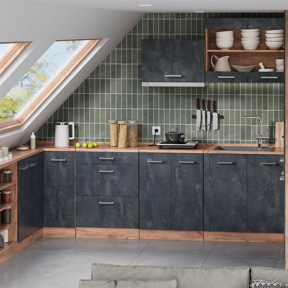 Mobile cucina sottotetto R-Line Calce nera/Rovere dorato 80 cm senza inclinazione con 2 ante Vicco