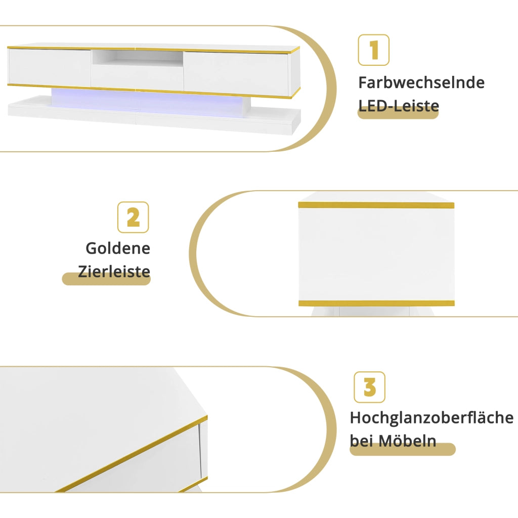 Cassettiera per TV bianca e oro in truciolare lucido lunghezza 180 cm