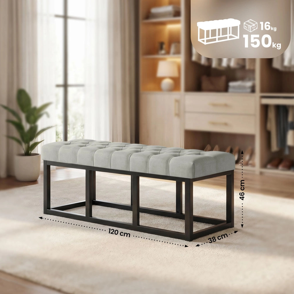 Panca design AMUN in metallo nero opaco e tessuto grigio,120 cm