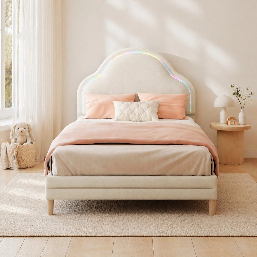 Letto Singolo 90 x 200 cm - LED Multicolore e Testiera Imbottita a Nuvola - Velluto - Beige