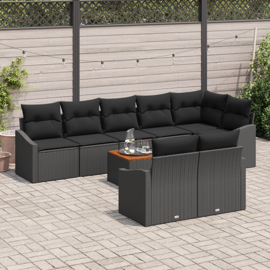 Set da Giardino 9 Pezzi con Cuscini Nero Polyrattan Acacia