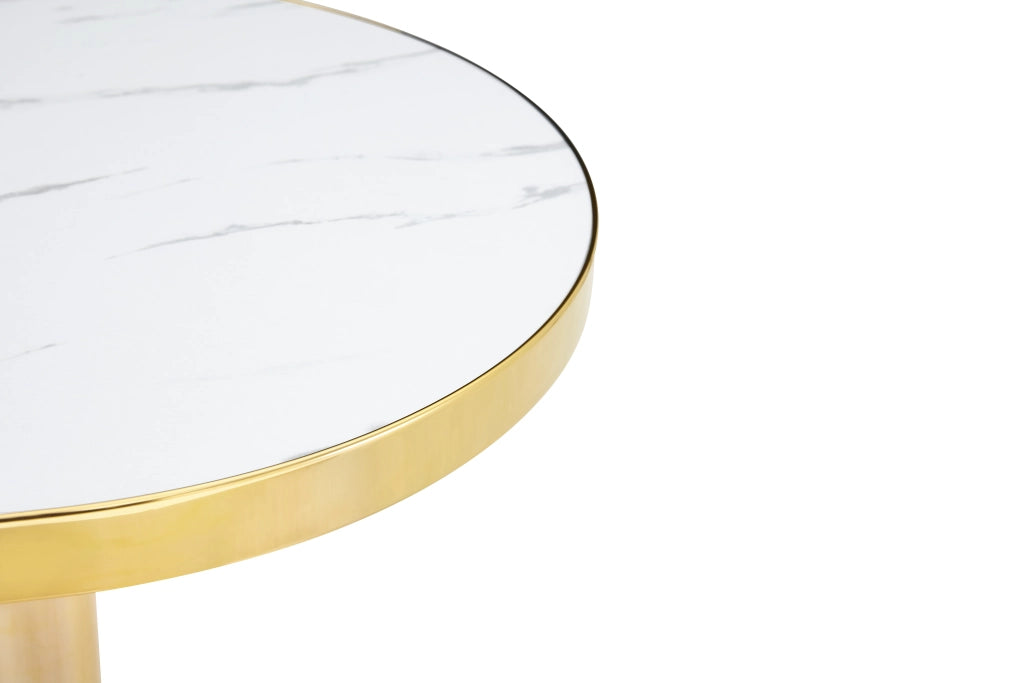 Tavolino basso rotondo con piano effetto marmo e bordo in acciaio inossidabile dorato, per soggiorno, bianco oro